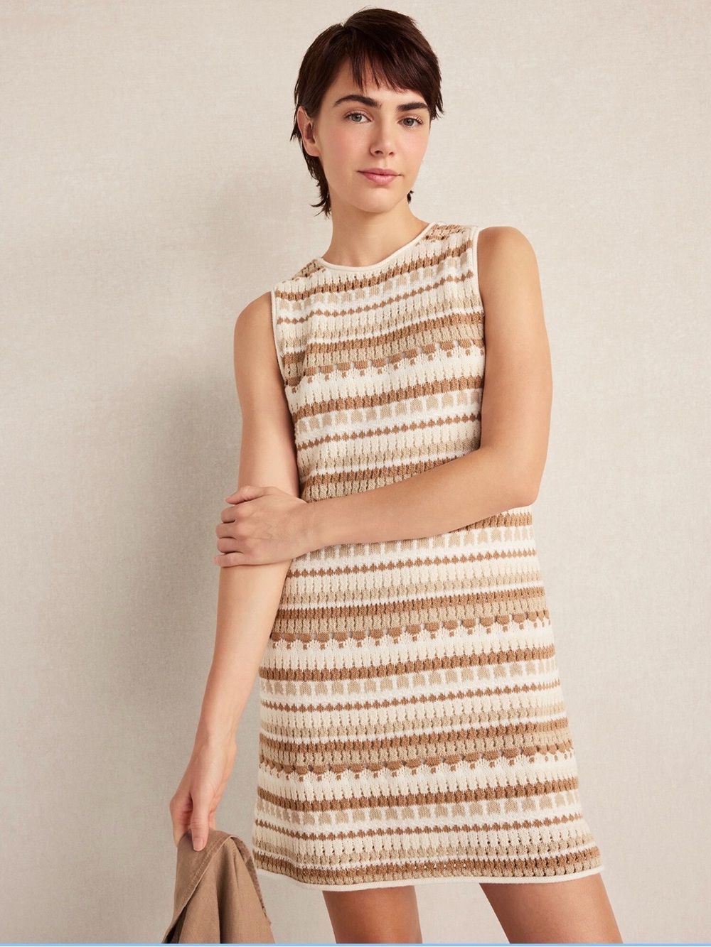 Haven Well Within Crochet Stripe Mini Dress Neutral Coastal Size S